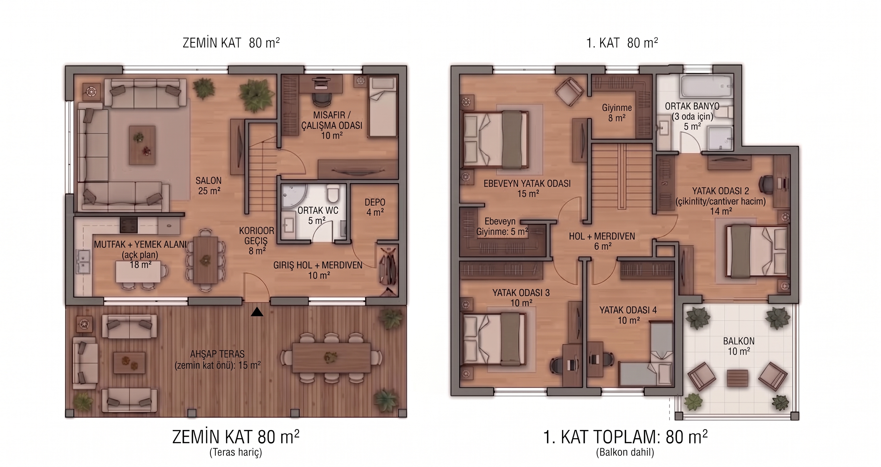 160 m² (4+1) Ultra Lüks Hafif Çelik Villa + 15 m² Teras - Kat Planı